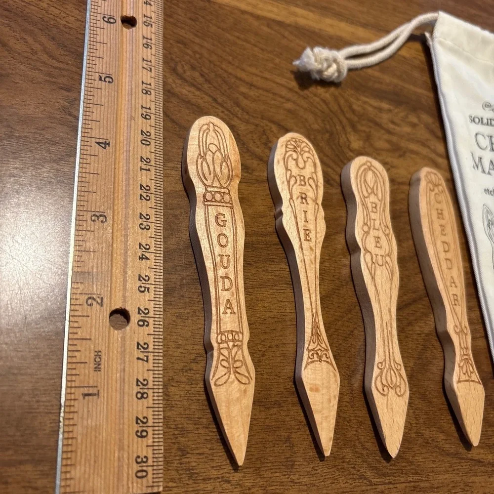 Solid Beechwood Cheese Markers Set of 4 with Storage Bag Gouda Brie Bleu Cheddar